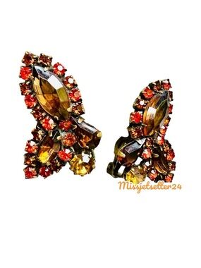 Weiss Vintage Root Beer, Orange Rhinestone Clip on Earrings Autumn Fall
